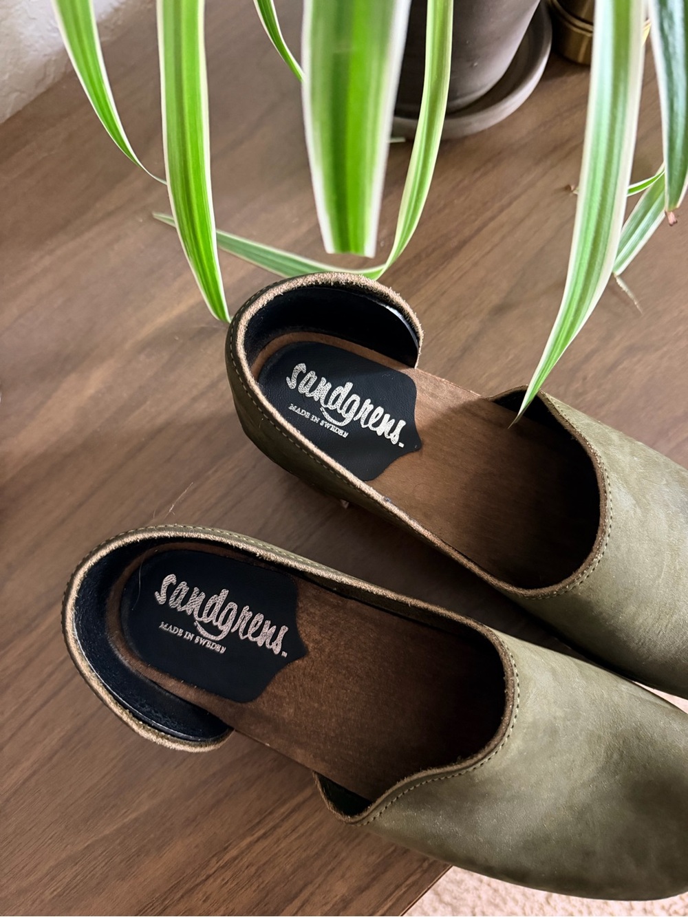 Olive Green Leather Clog Mules with Wooden Heel - Picture 5 of 8